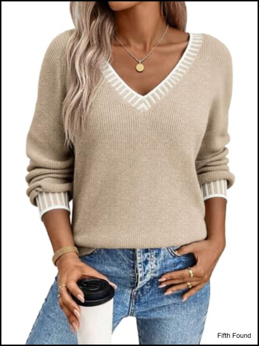 V Neck Long Sleeve Contrast Knit Pullover Sweater Womens Loose Fit